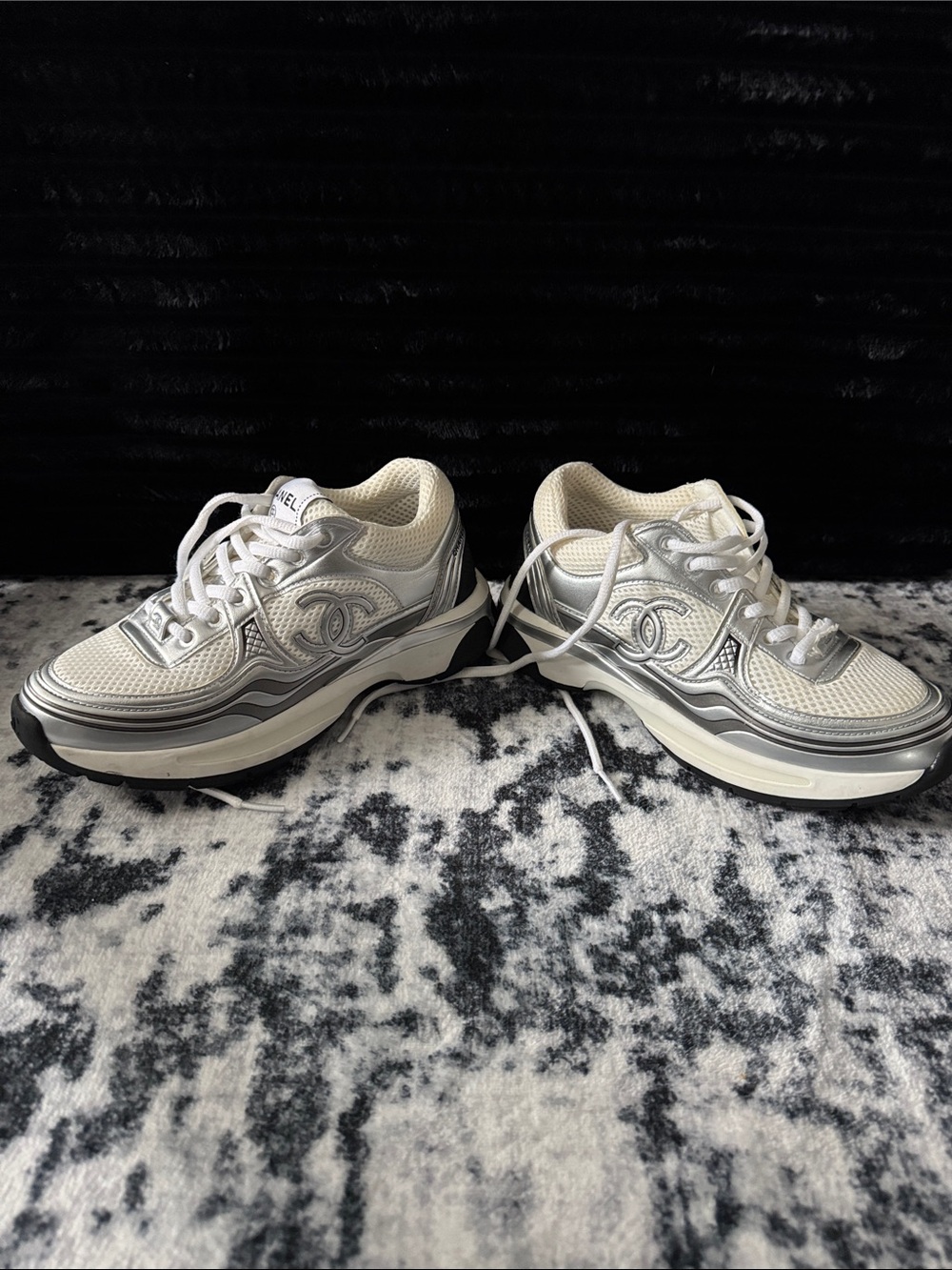 CHANEL White and Silver Platform Lace-Up Sneakers